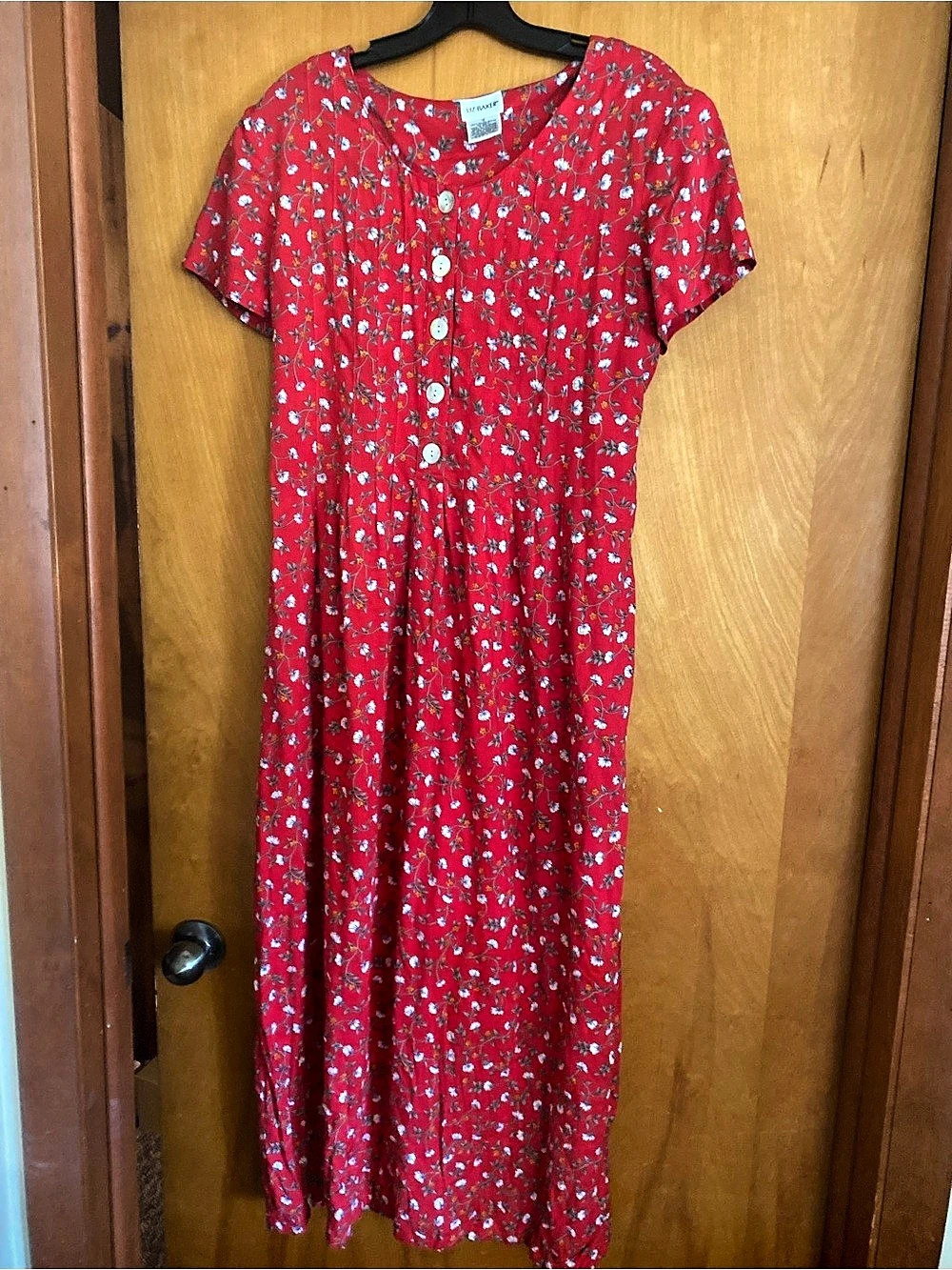Liz Baker Floral Button Front Dress Size 12 Red Rayon Midi Boho